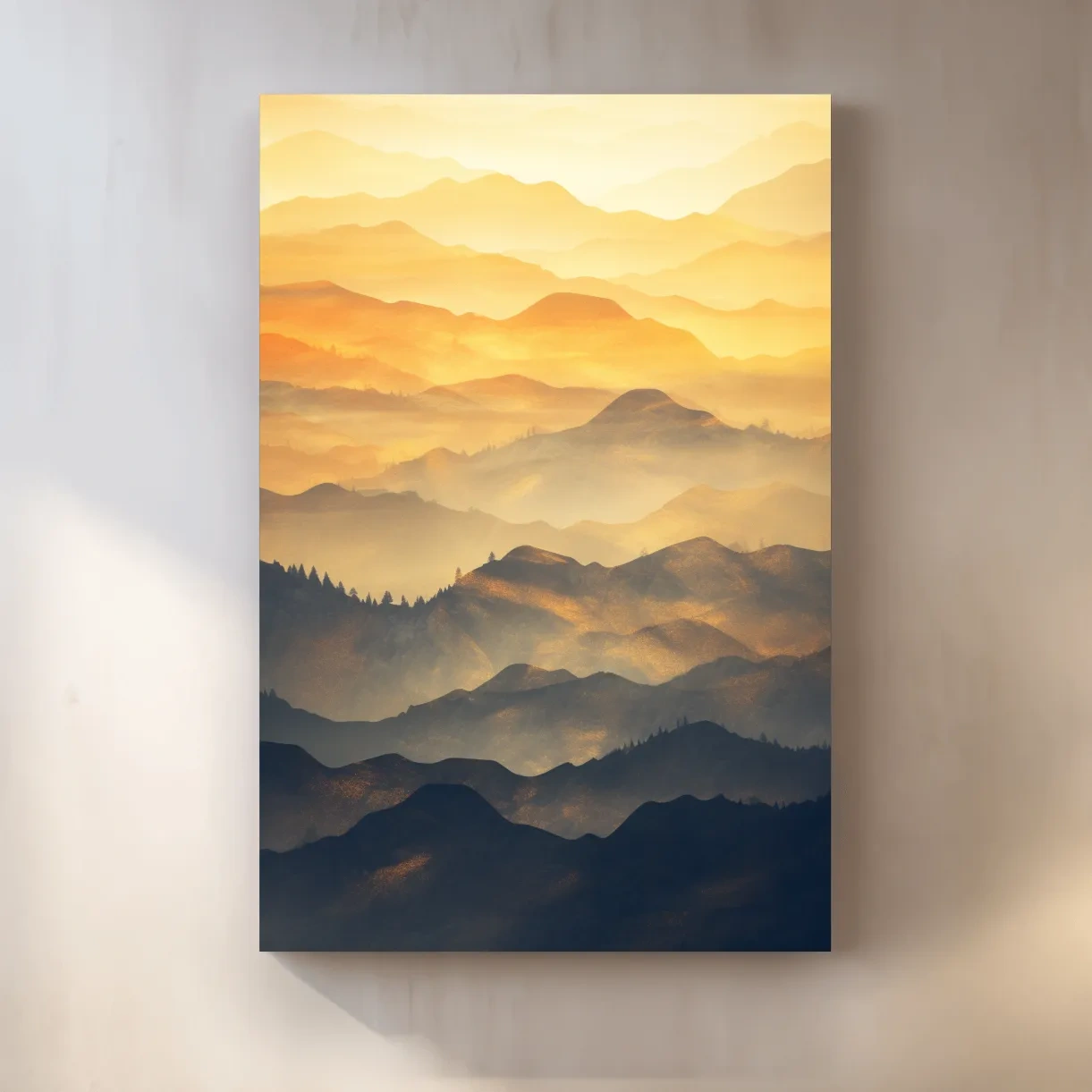 Golden Misty Mountain Ranges Landscape - Serene Layered Sunrise Artwork