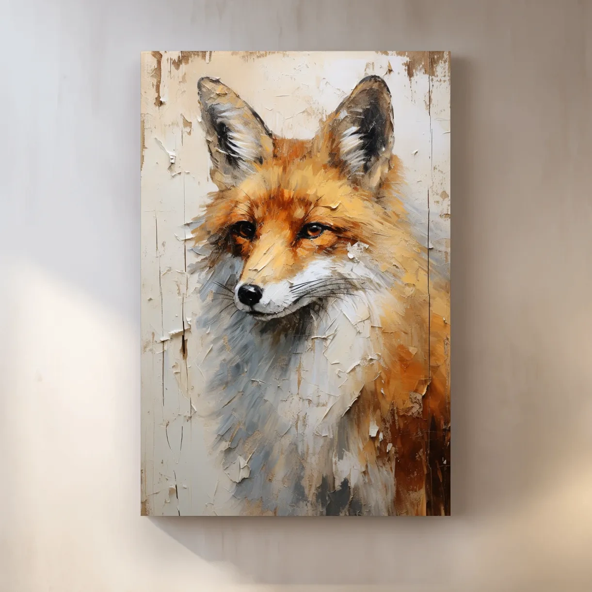 Rustic impasto style painting of a fox on wood