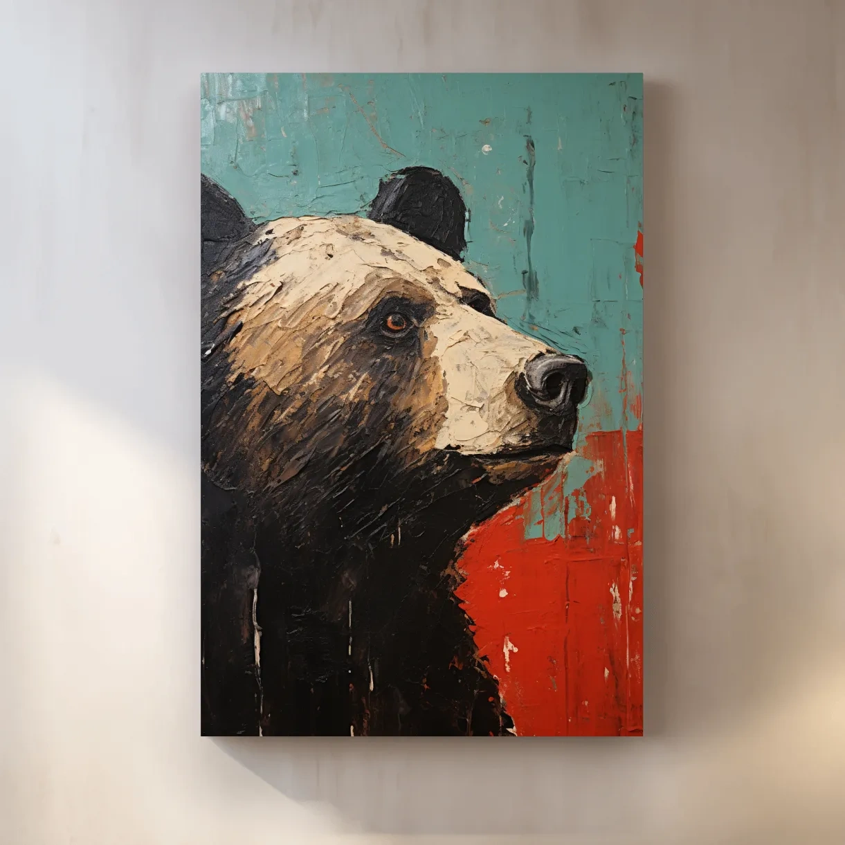 Rustic impasto style painting of a black bears head