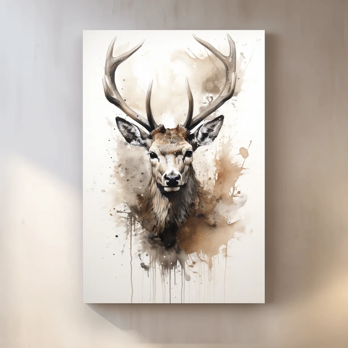 Splattered watercolour painting of a deers head