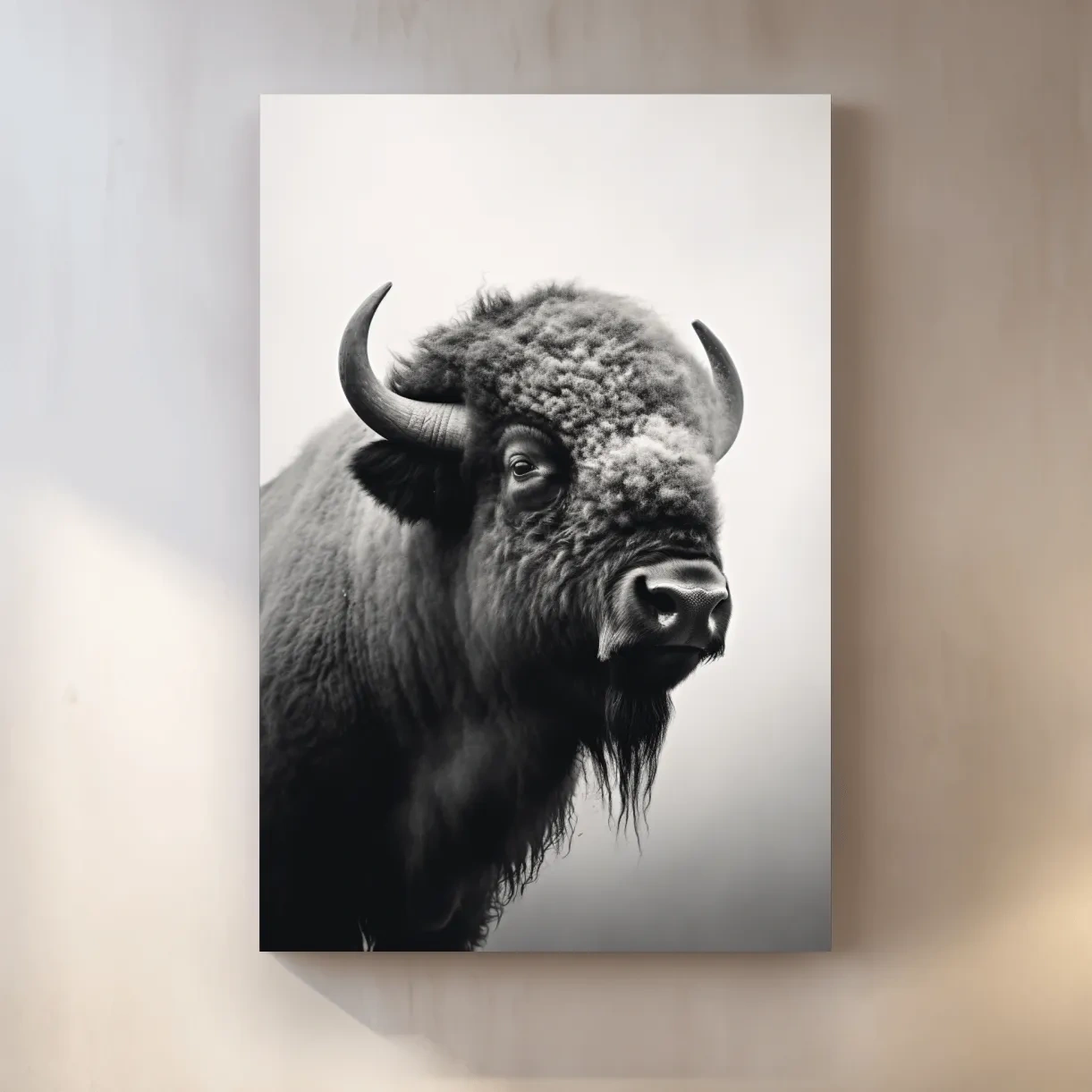 Photographic art, black and white photo of a bison on a crisp winter morning