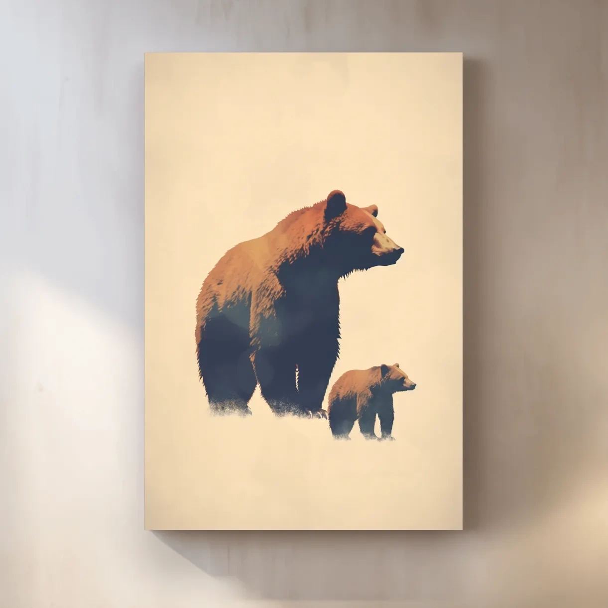 Minimalist Grizzly Bear Mother And Cub Artwork - Neutral Wildlife Wall Art