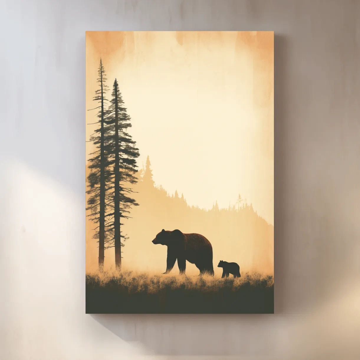 Momma bear and her cub, minimal illustration artwork