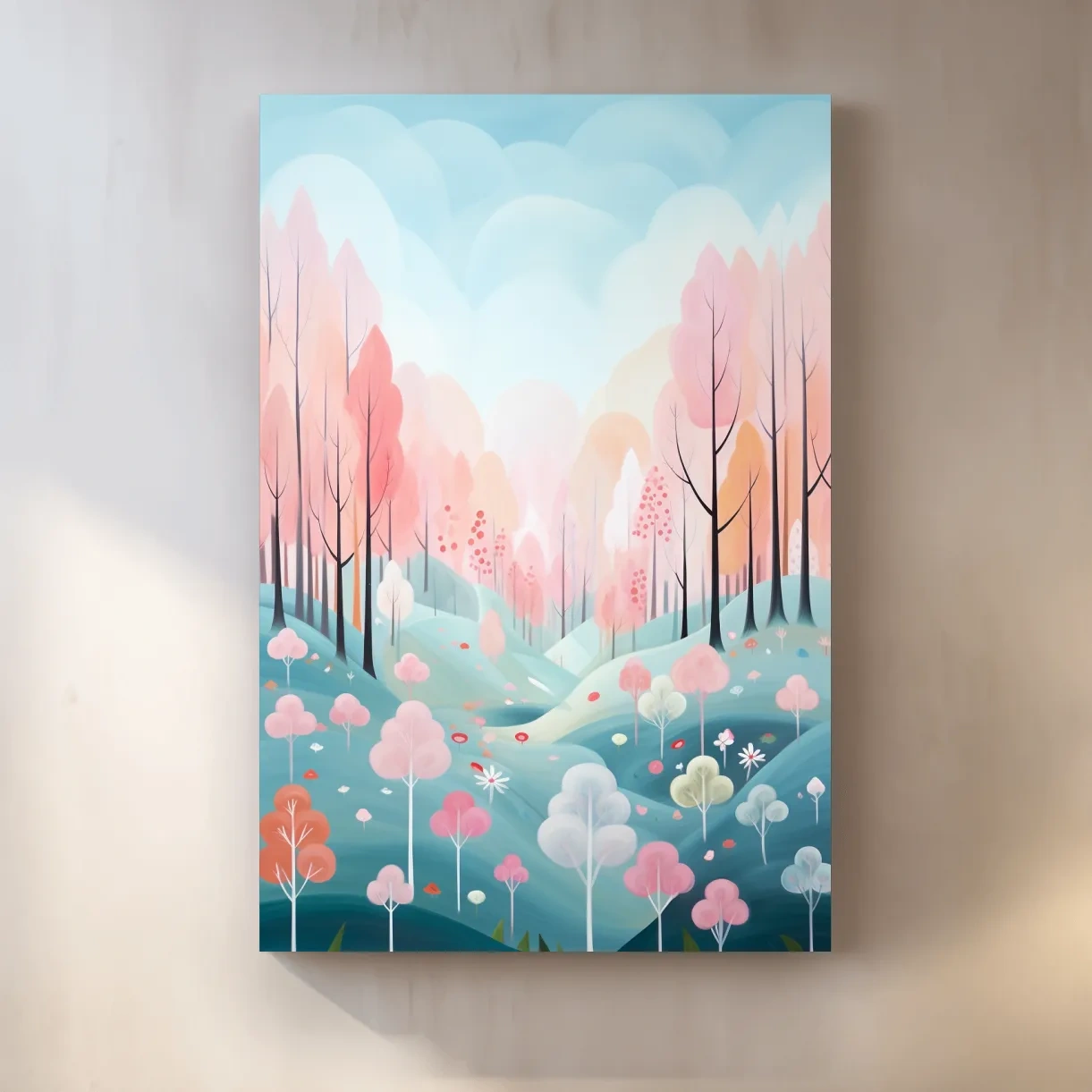Pastel painting of a colorful dreamy forest