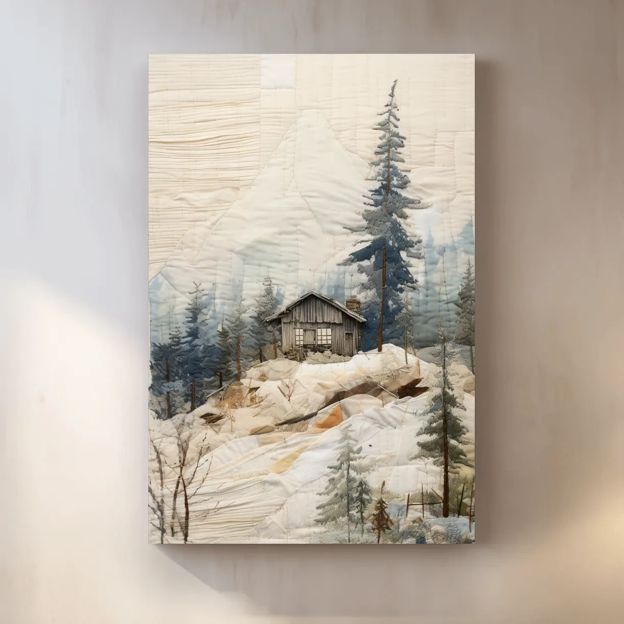 Cabin in the alpine forest, patchwork fabric style mountain wall art