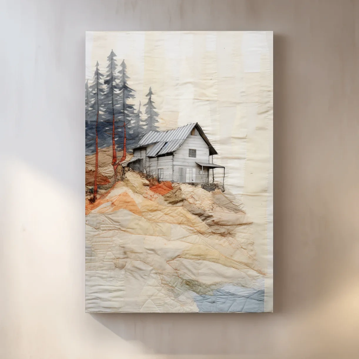Rustic cabin artwork, fabric patchwork style