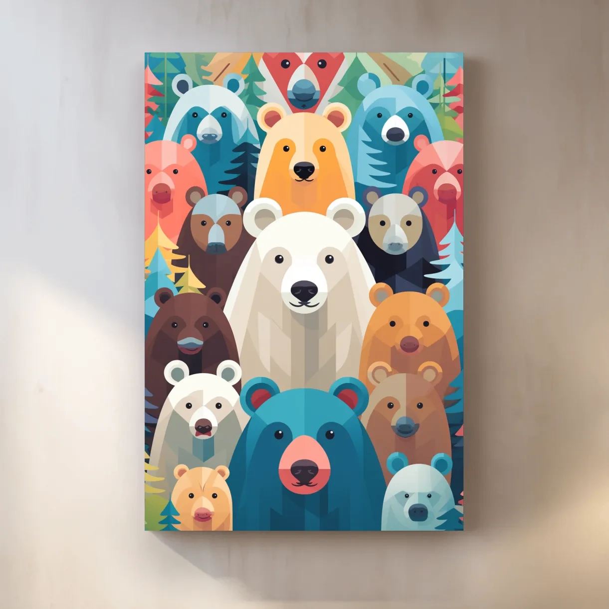 Illustration of colorful vibrant bears, childrens bedroom artwork