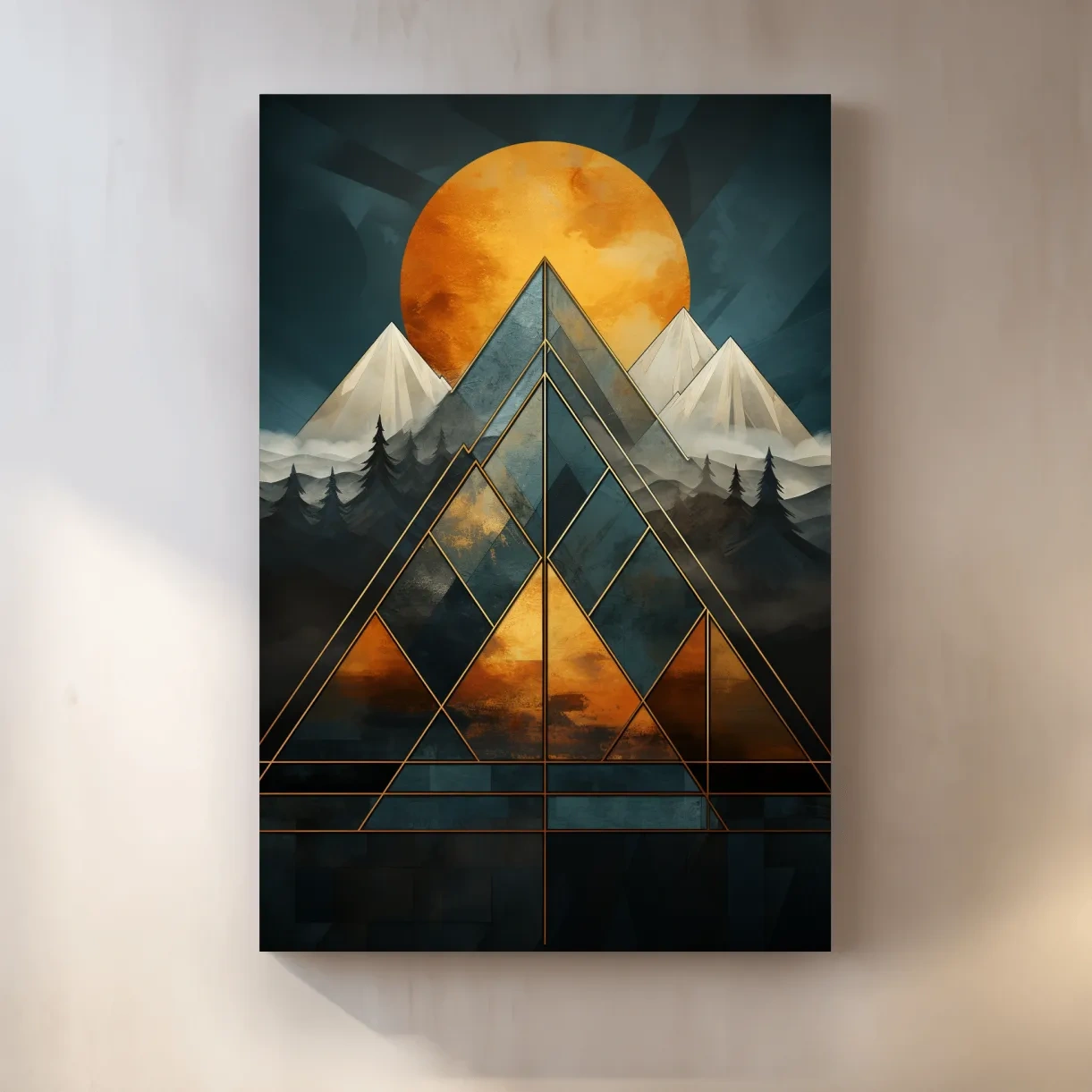 Leadlight style mountain artwork, sunset over glaciers and forest