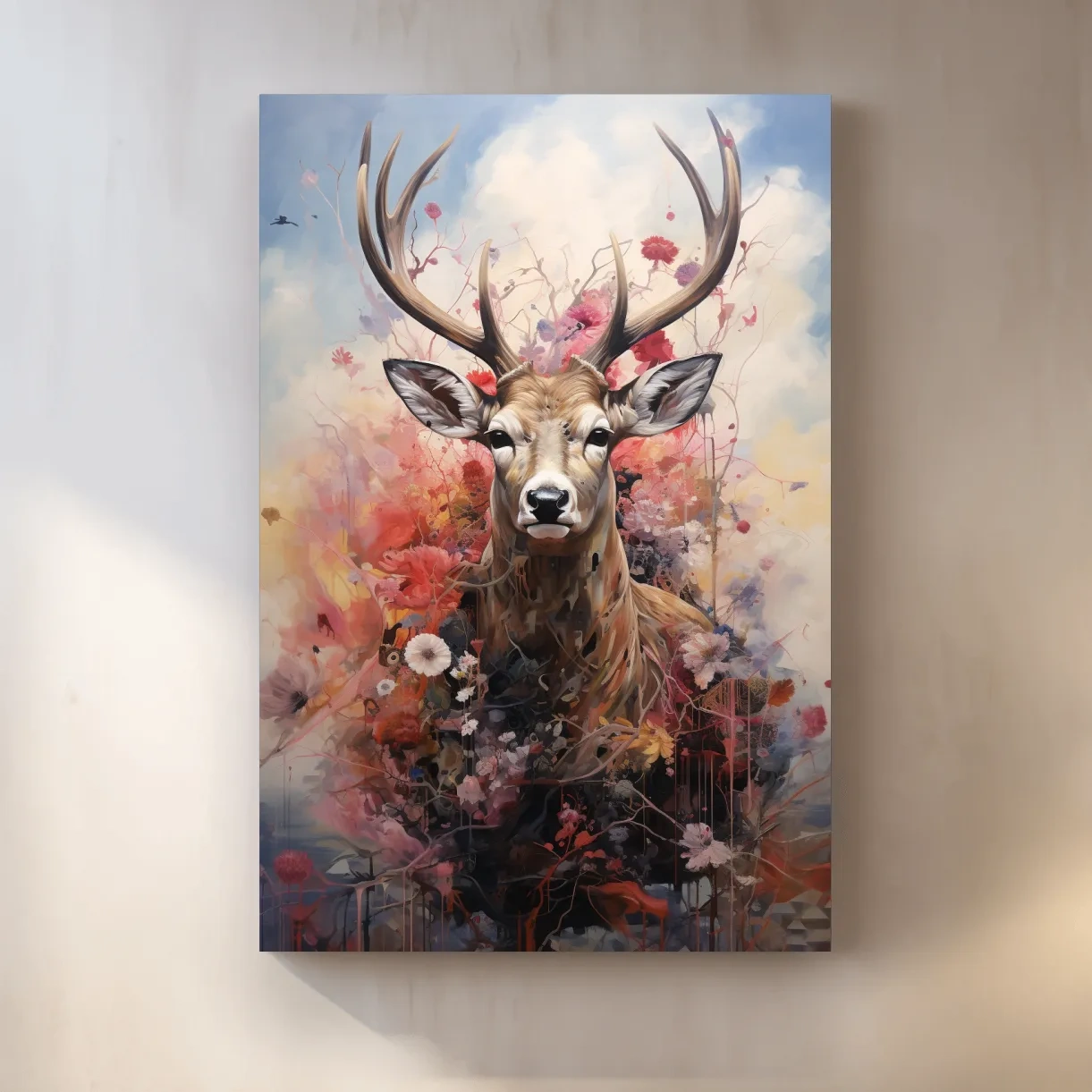 Painting of a deer head wrapped in flowers