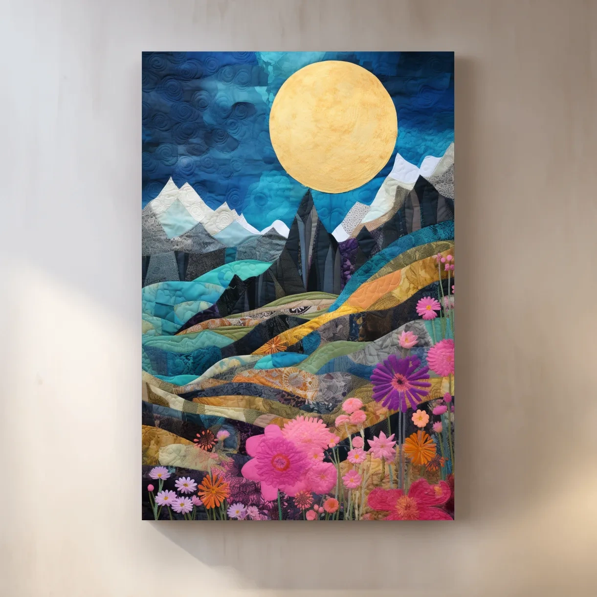 Handstitched patchwork style art, alpine flowers mountain artwork
