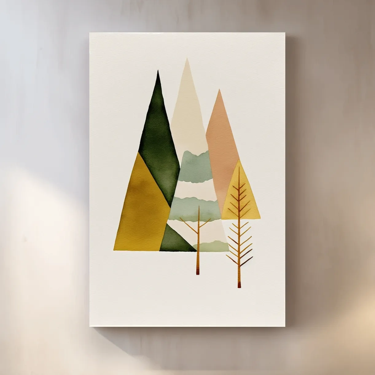 Minimalist Scandinavian Geometric Mountains - Modern Watercolor Forest Landscape Wall Art