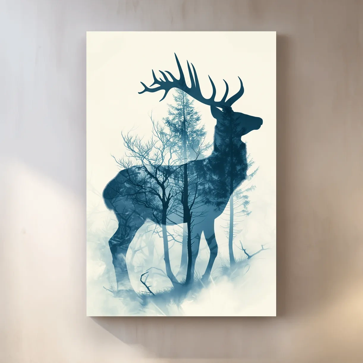 Deer and forest silhouette artwork, ethereal double exposure wall art