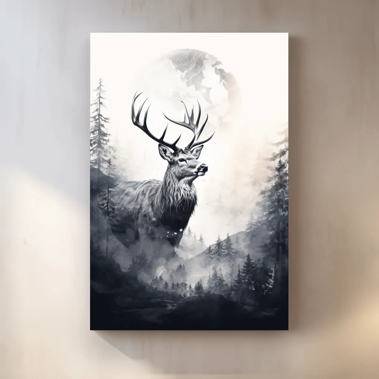Majestic Stag In Misty Moonlit Forest - Double Exposure Wildlife Wall Art