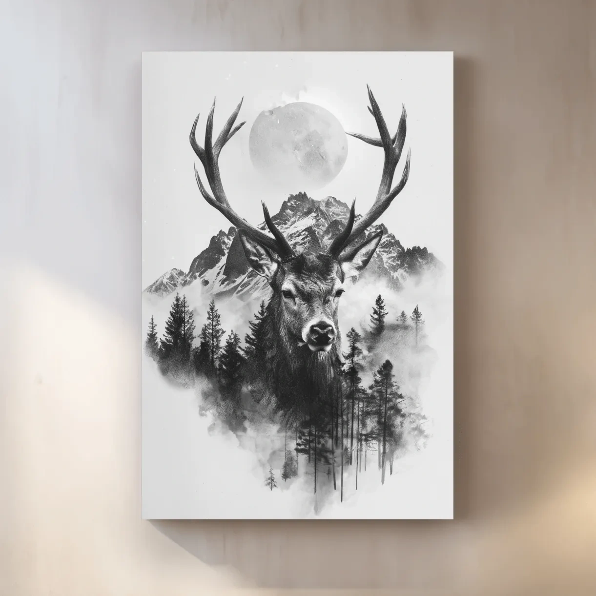 Monochrome Stag Glacier Moon Drawing - Double Exposure Wildlife Wall Art