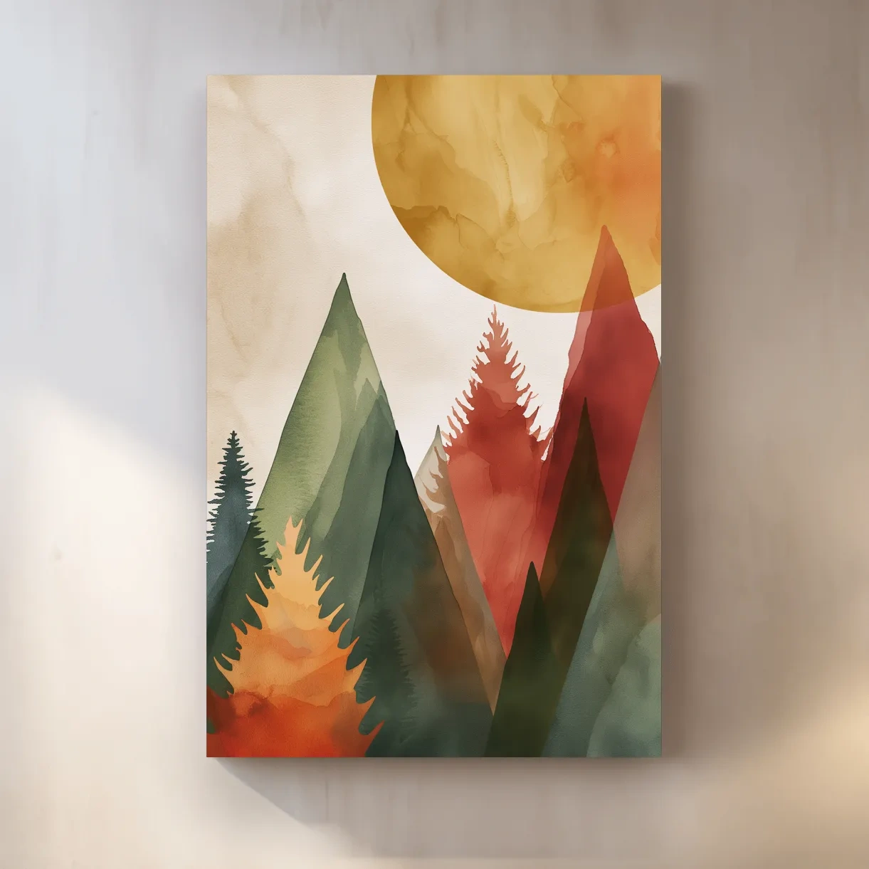 Trees and mountains under the sun, rustic boho watercolour print