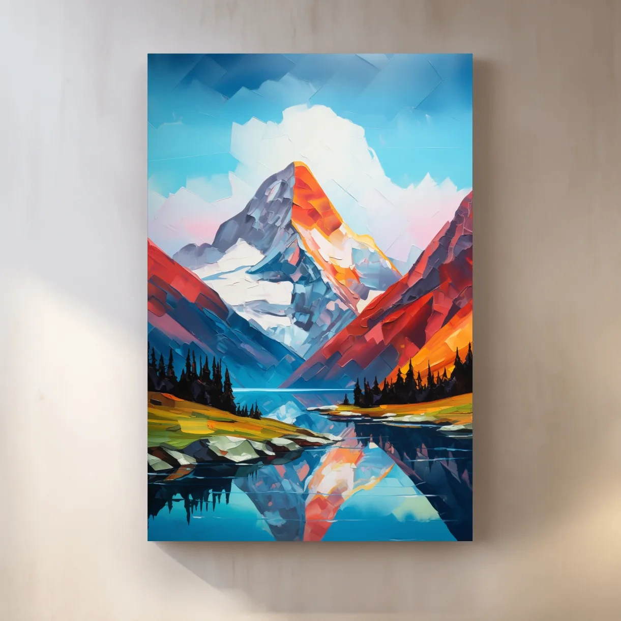 Alpine lake under a glacier, vibrant palette knife style impasto painting
