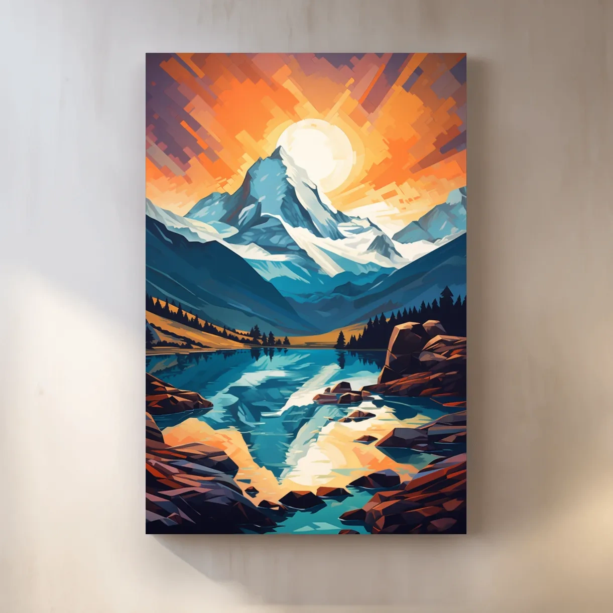 Sunset over the alpine glaciers, vector mountain art