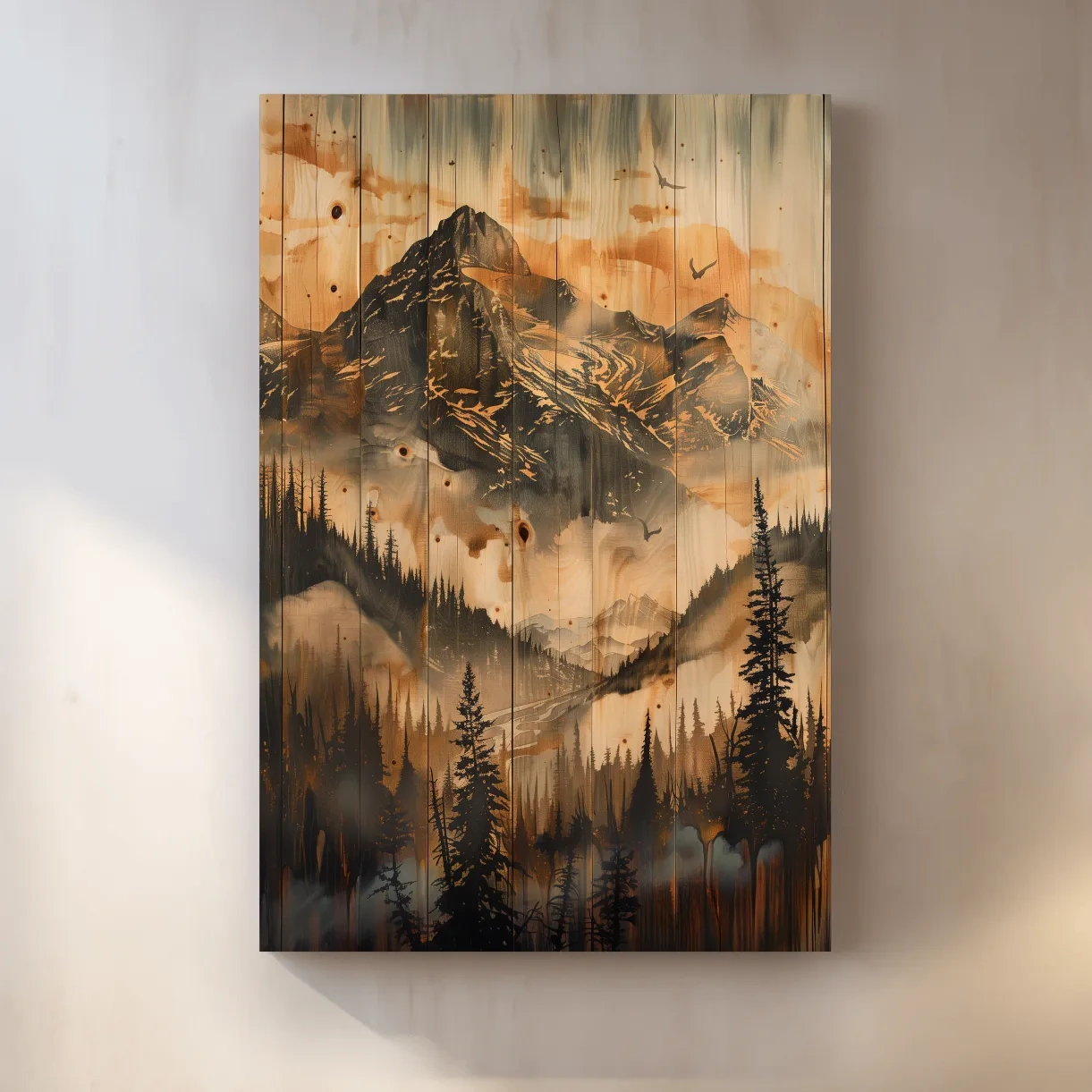 Mountain range wall art, wood panel effect, rustic cabin art, wood burning style
