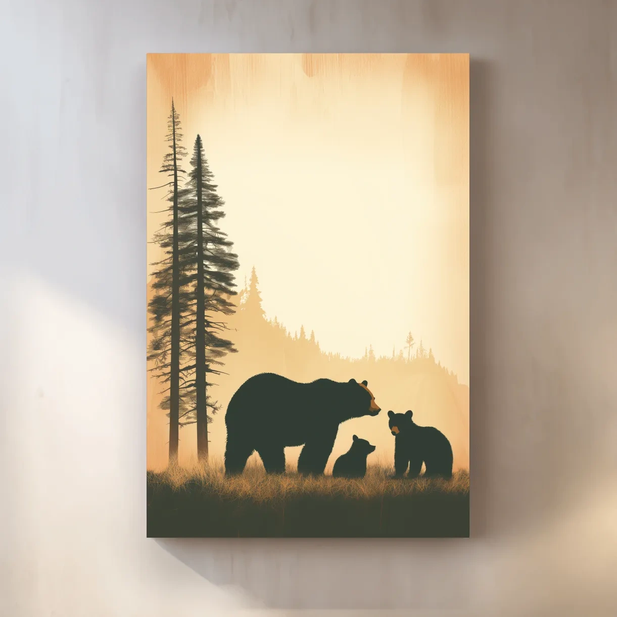 Bear Family Forest Silhouette Illustration - Minimalist Wildlife Artwork