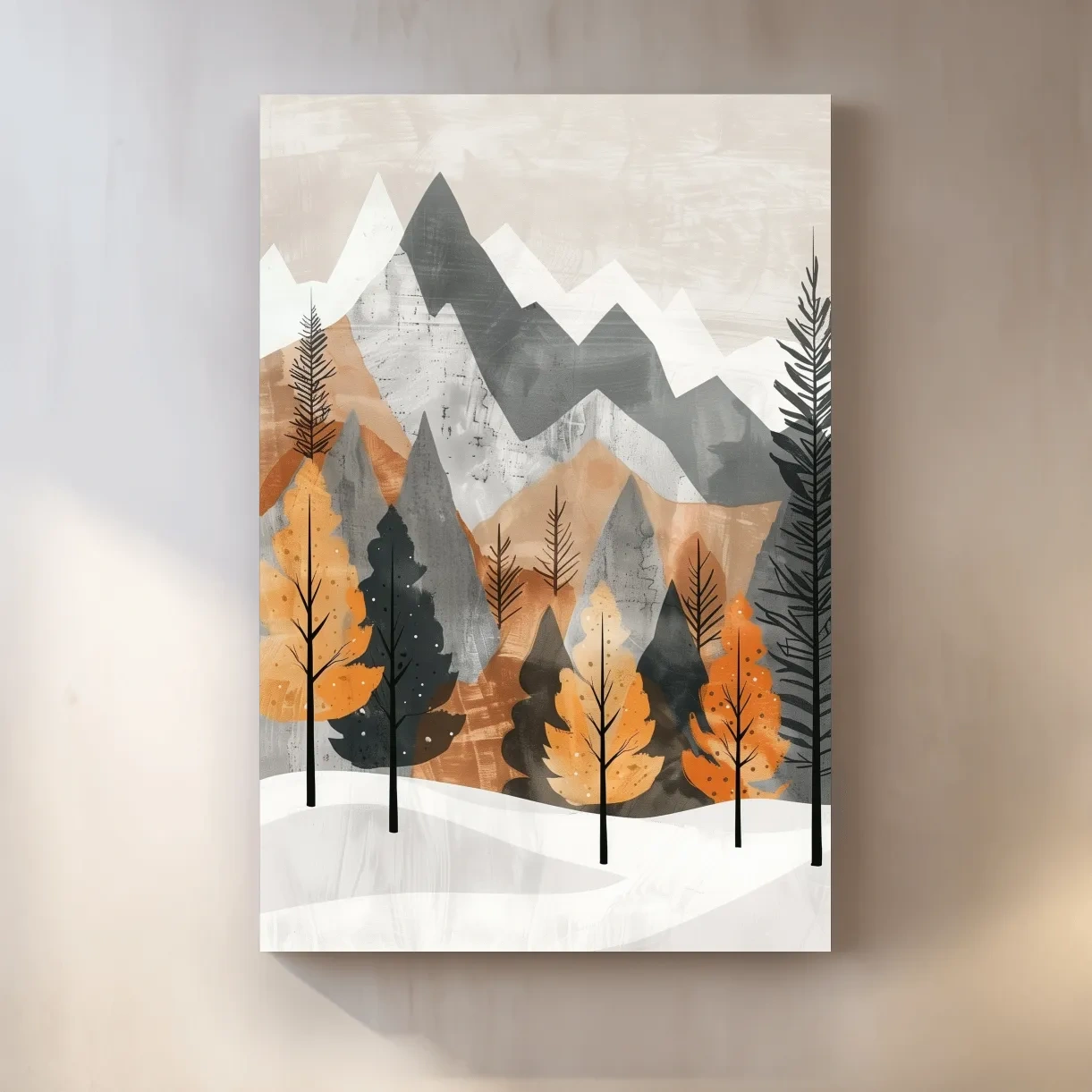 Scandinavian style forest artwork, alpine mountains in fall