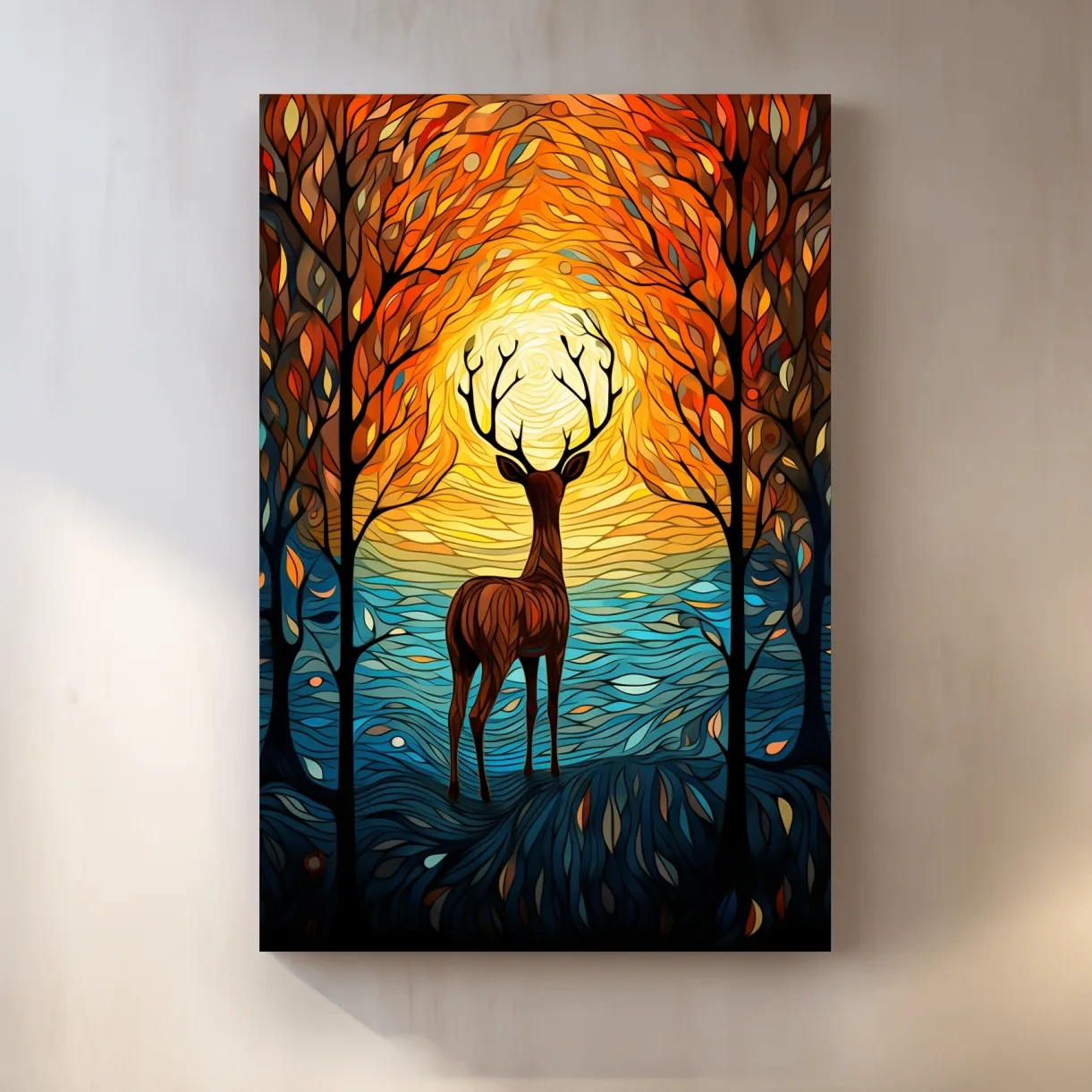 Deer in the forest at sunset, leadlight style artwork
