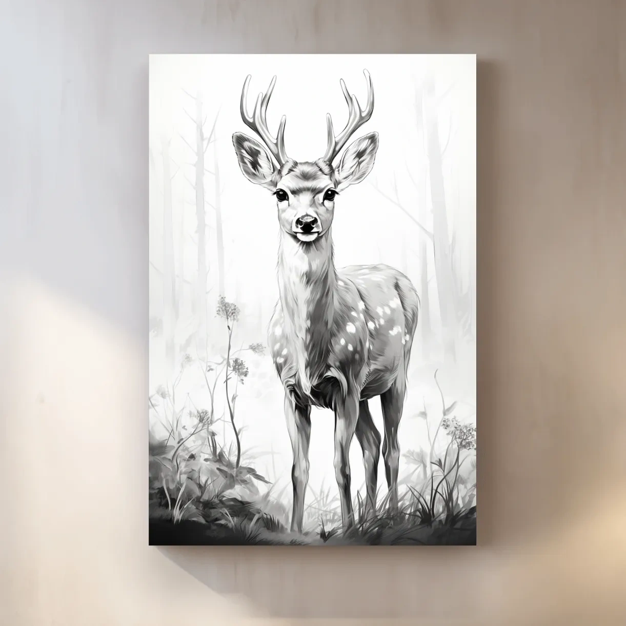 Black and white drawing artwork of a fallow deer