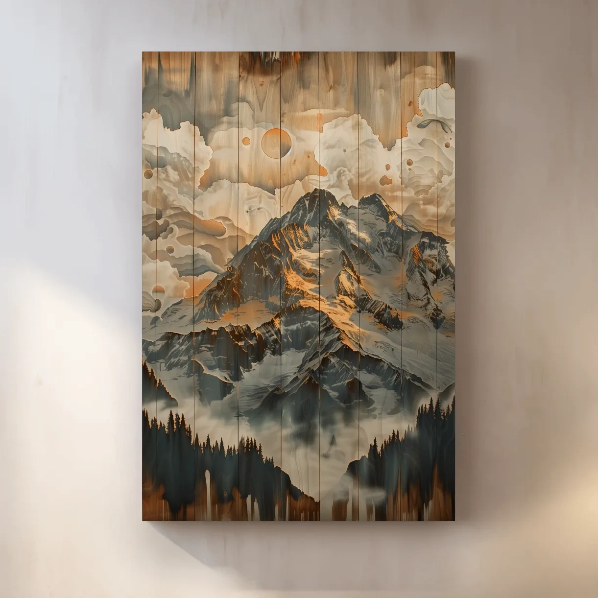 Glacier mountain range wall art, wood panel effect artwork
