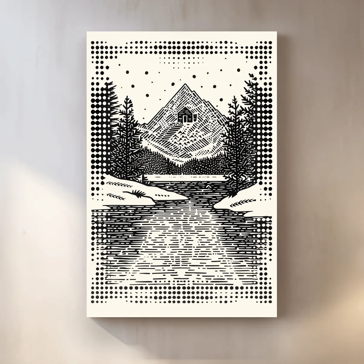Alpine cabin artwork, linocut style optical illusion art