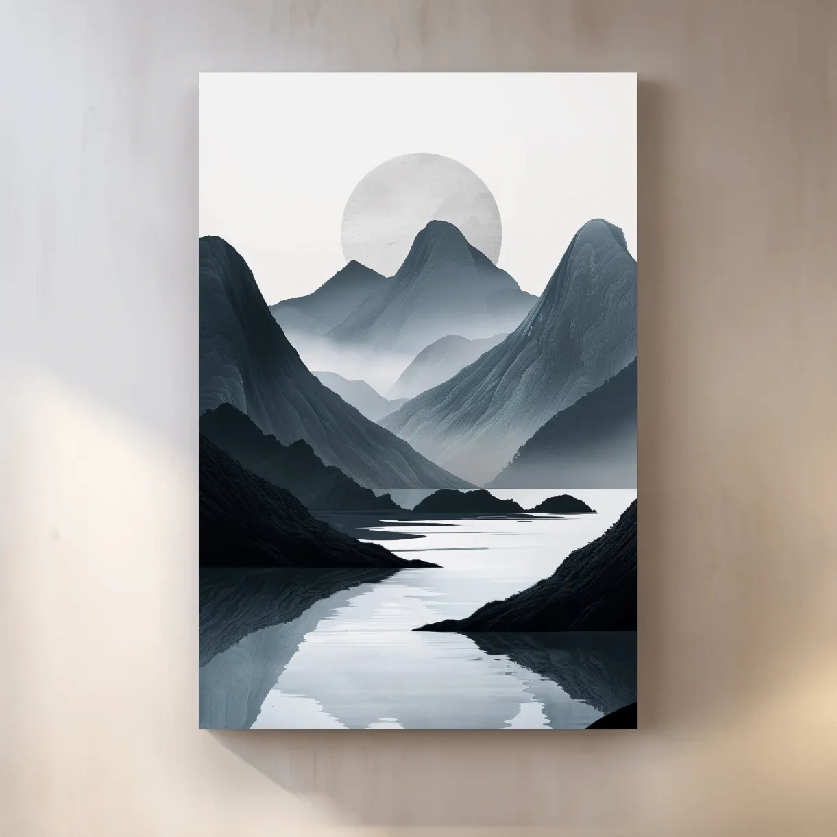 Black & white mountain artwork, view down a foggy valley and lake