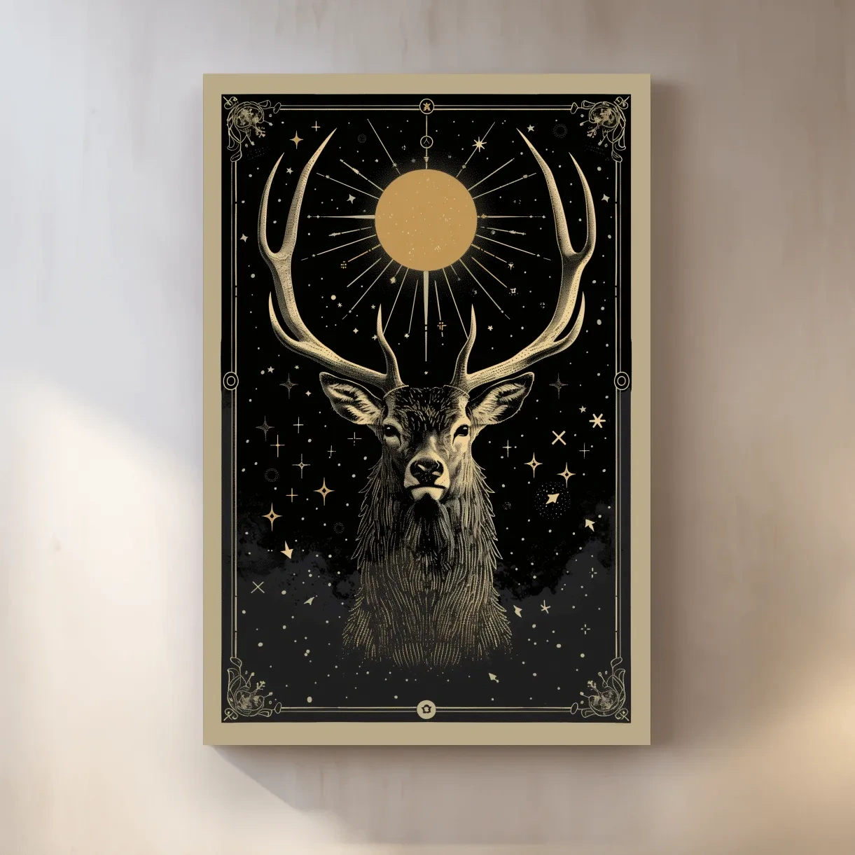 Elegant deer head under the night sky, tarot card style art