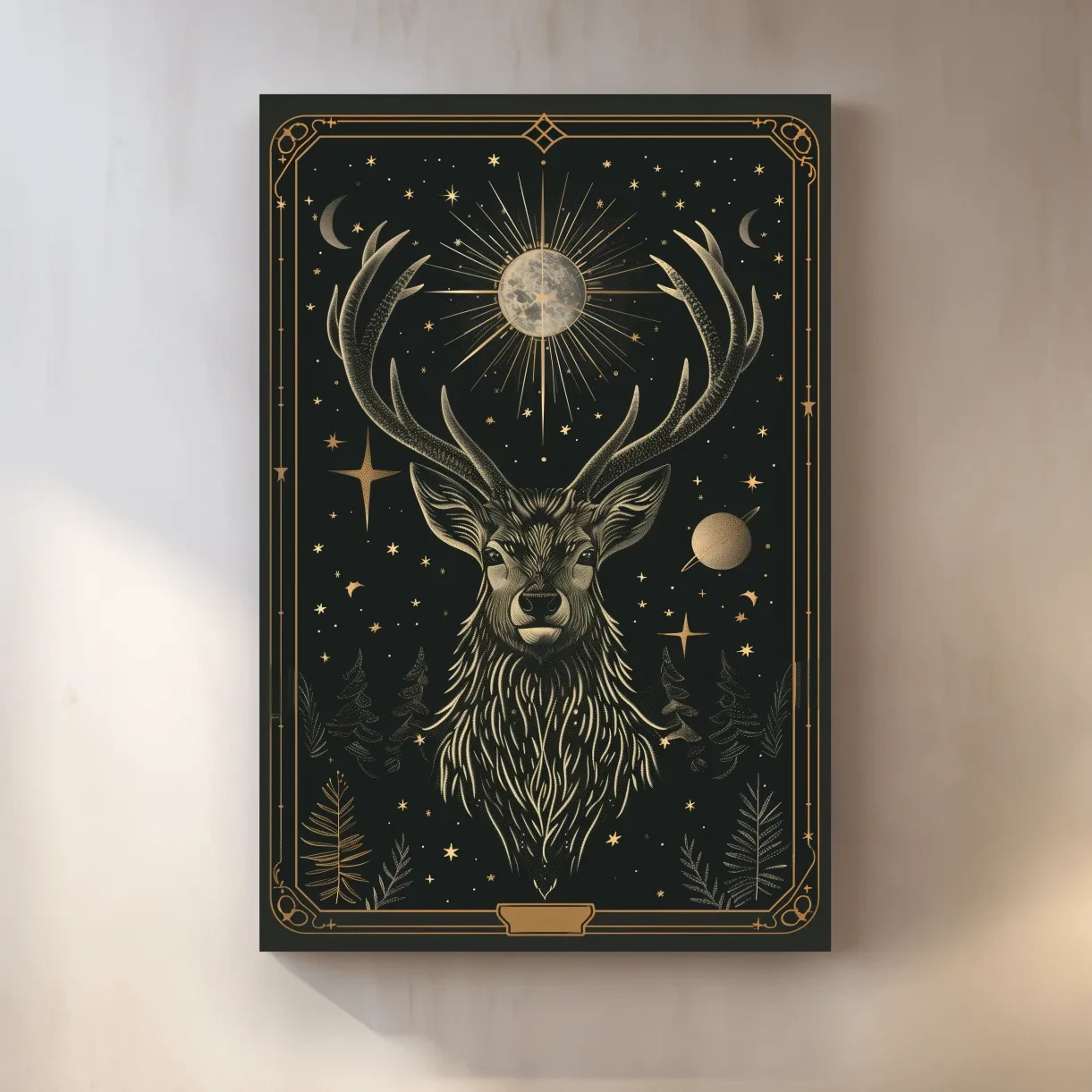Elegant deer head tarot card style art, planetary solar system
