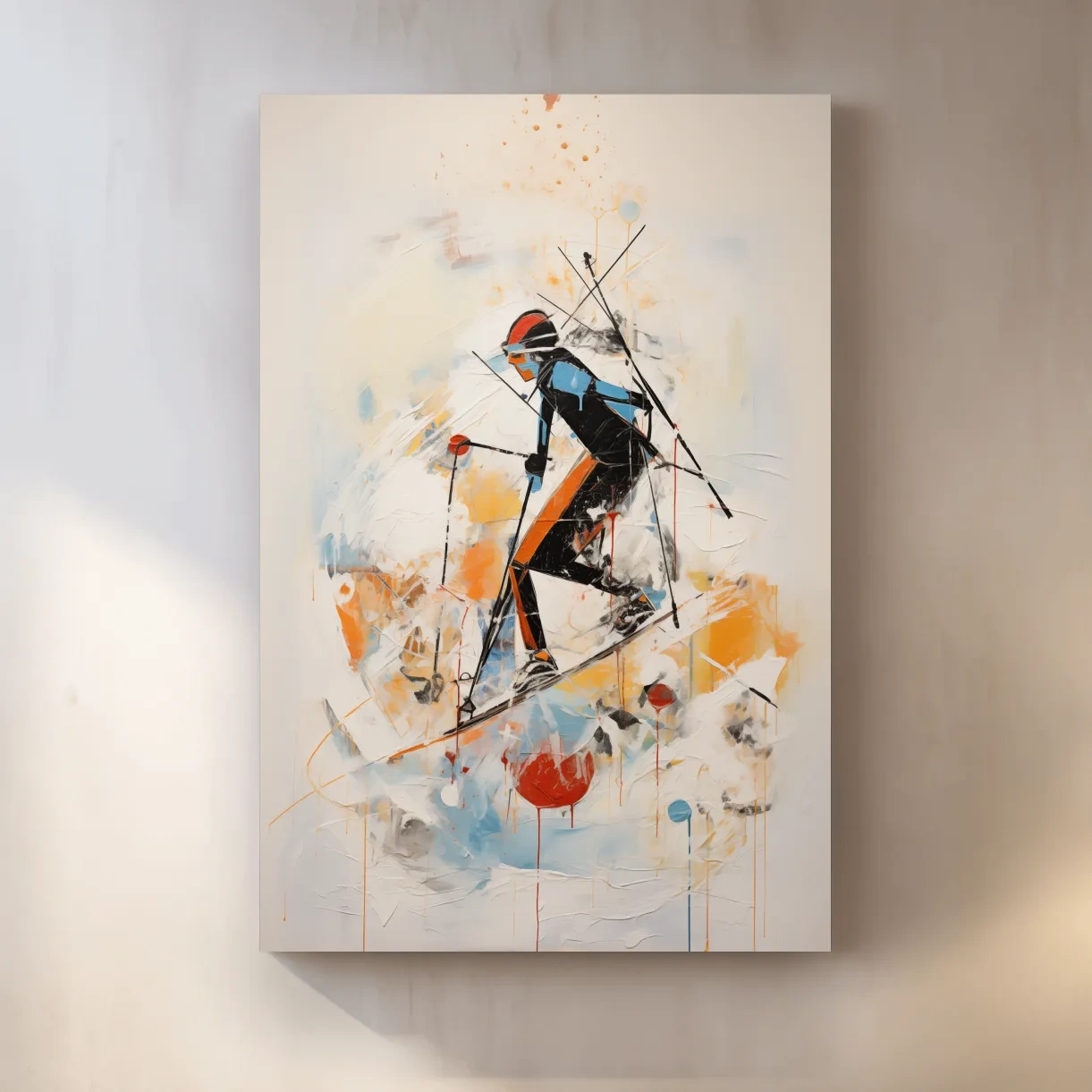 Skiing wall artwork, dynamic abstract painting of a skier