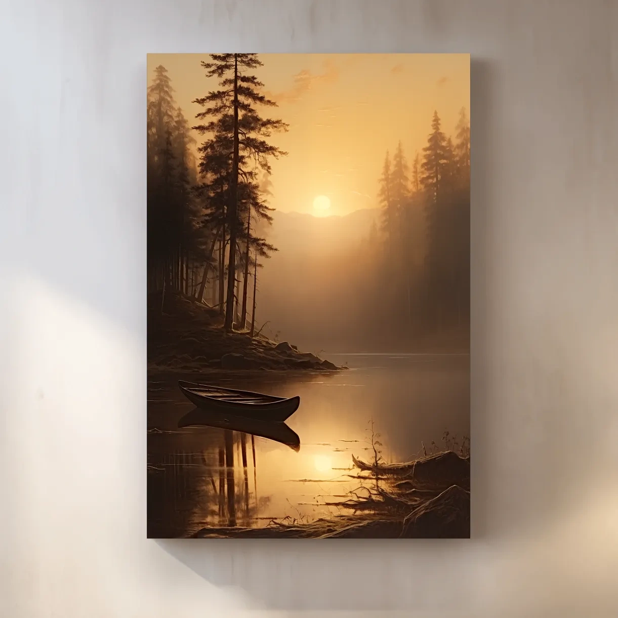 Sunset painting of a canoe on a lake at golden hour