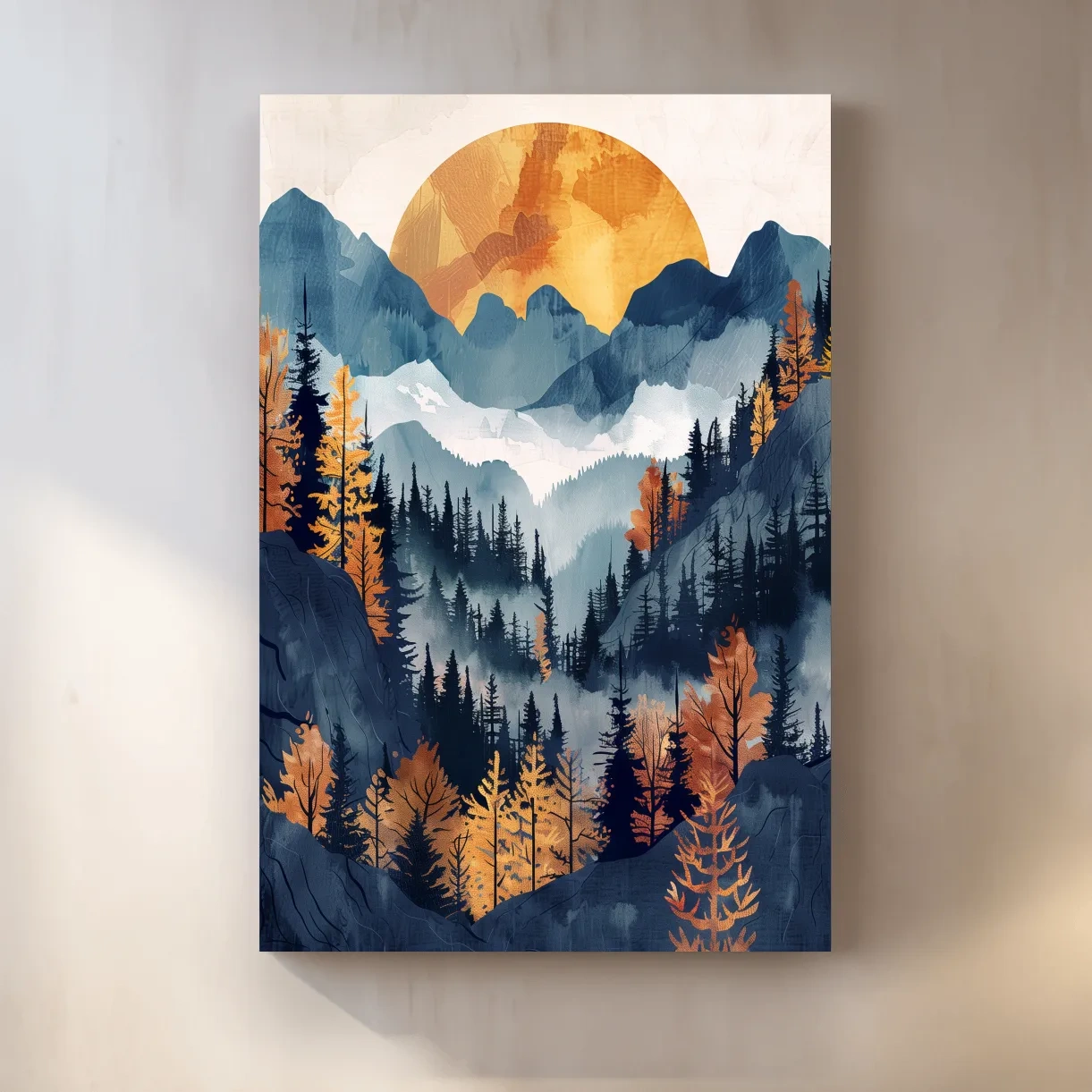 Foggy forest artwork, sunset over the mountains, textured watercolor style painting