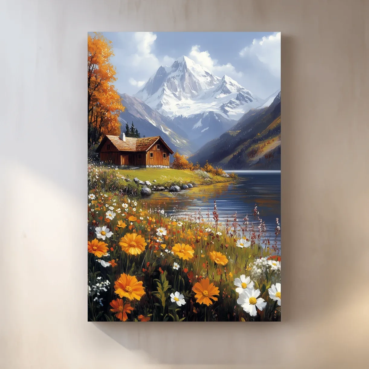 Impressionist painting of a lakeside cabin in the alpine meadows beneath a glacier