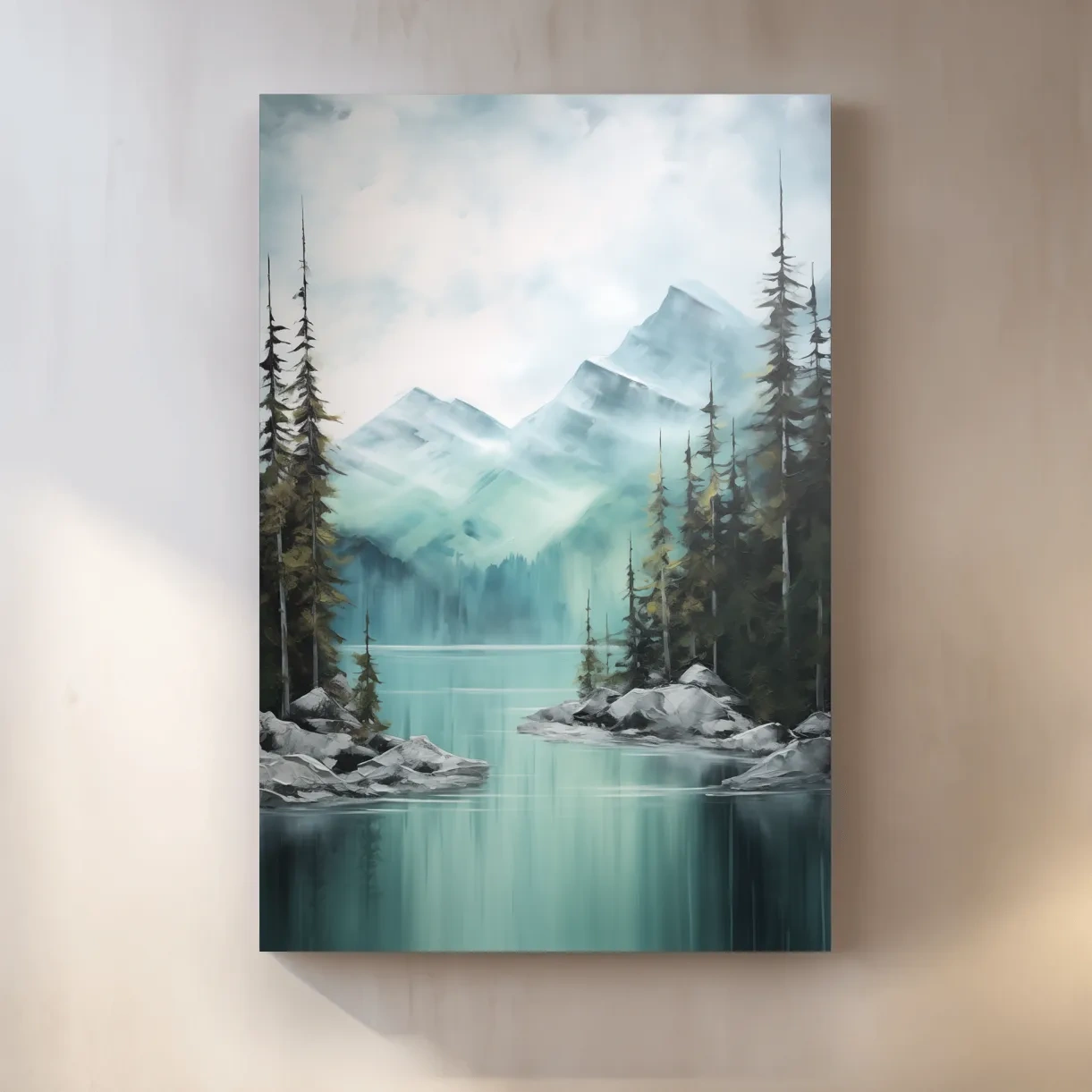 Painting of a turquoise lake in the alpine