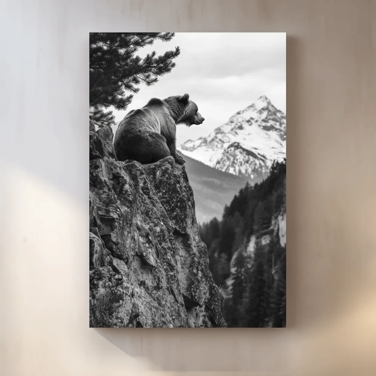 Grizzly bear taking in a mountain view, photographic wildlife wall art
