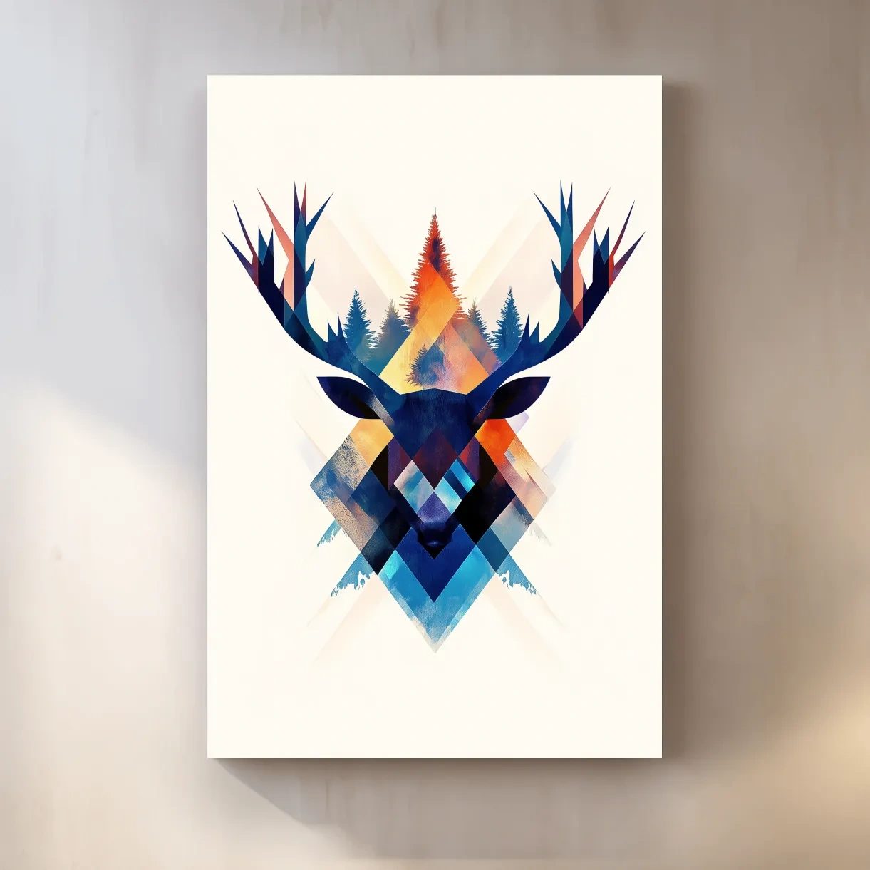 Geometric deer head wall art, colorful abstract tribal style artwork