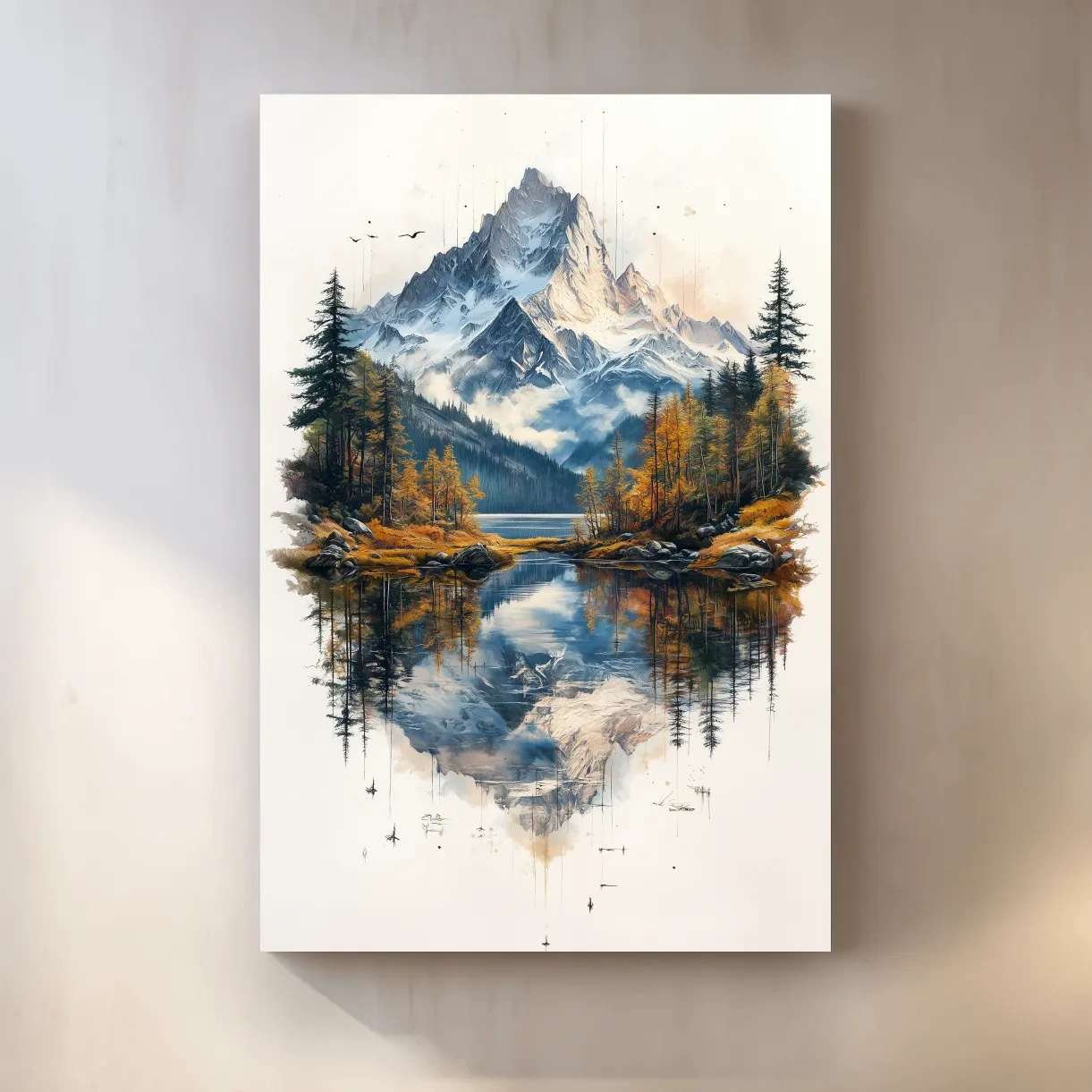 Misty Alpine Mountain Lake Painting - Autumn Pine Forest Tattoo Style Wall Art