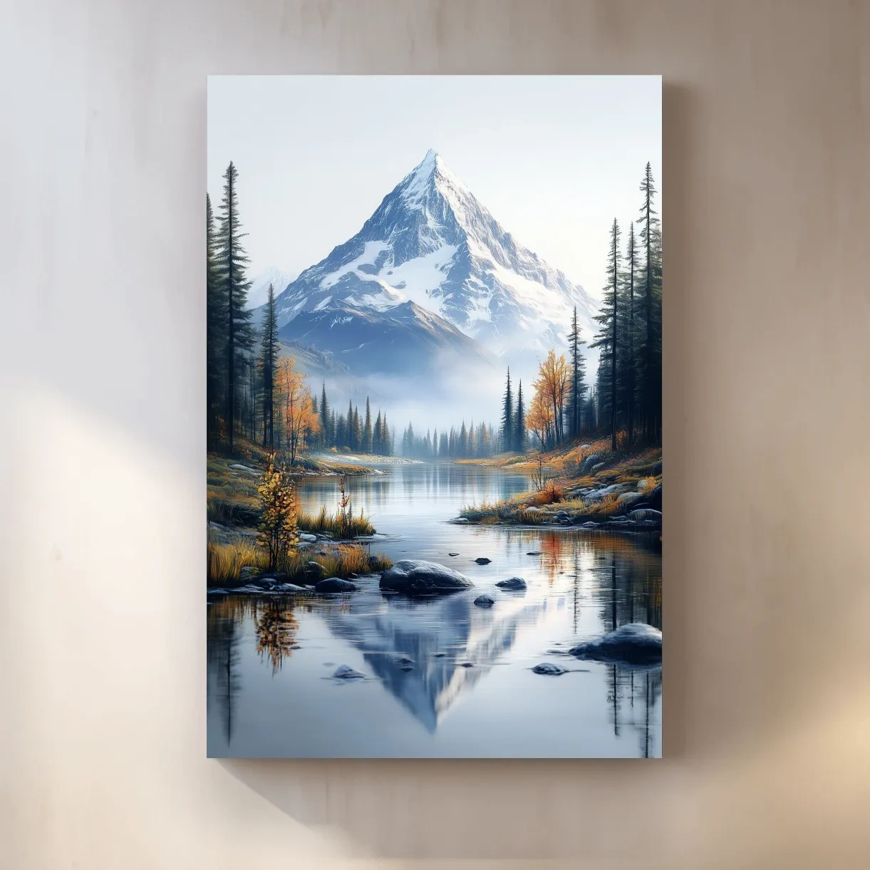 Lake beneath a glacier in the alpine meadows in fall, mountain wall art