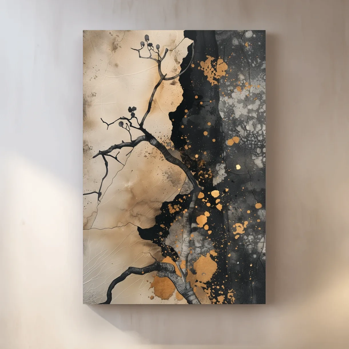 Ink Branch Silhouette With Gold Splatter - Modern Japandi Abstract Wall Art