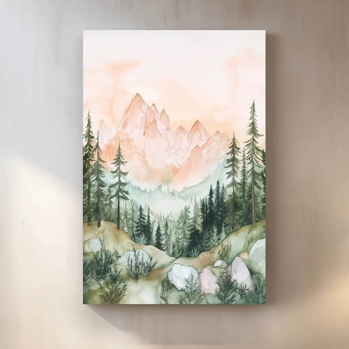 Pastel Watercolor Mountain Peaks & Pine Forest - Serene Alpine Landscape Artwork