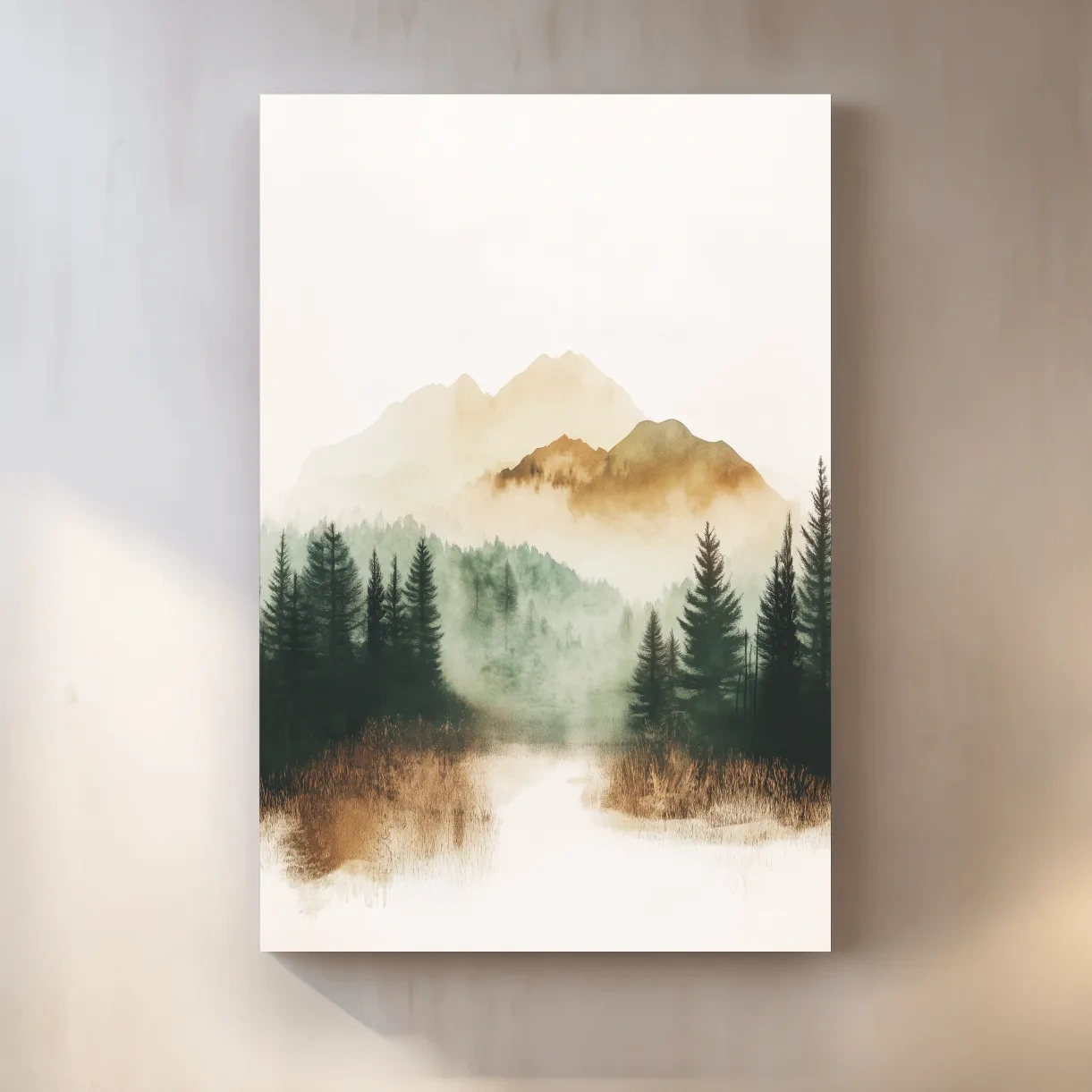 Misty Watercolor Mountain Lake & Pine Forest - Serene Nature Landscape Wall Art