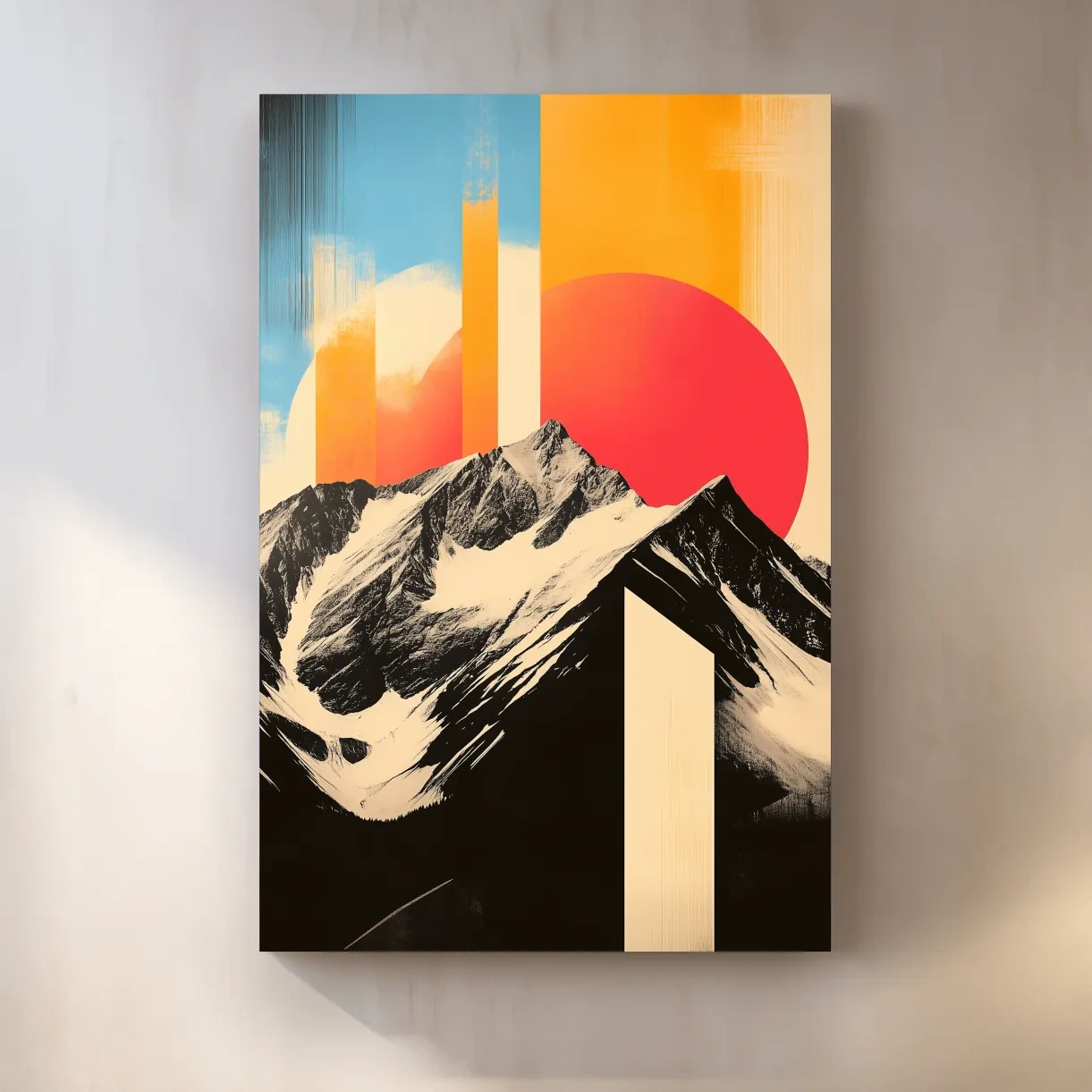 Modern abstract alpine mountain art, bold retro style geometric shapes