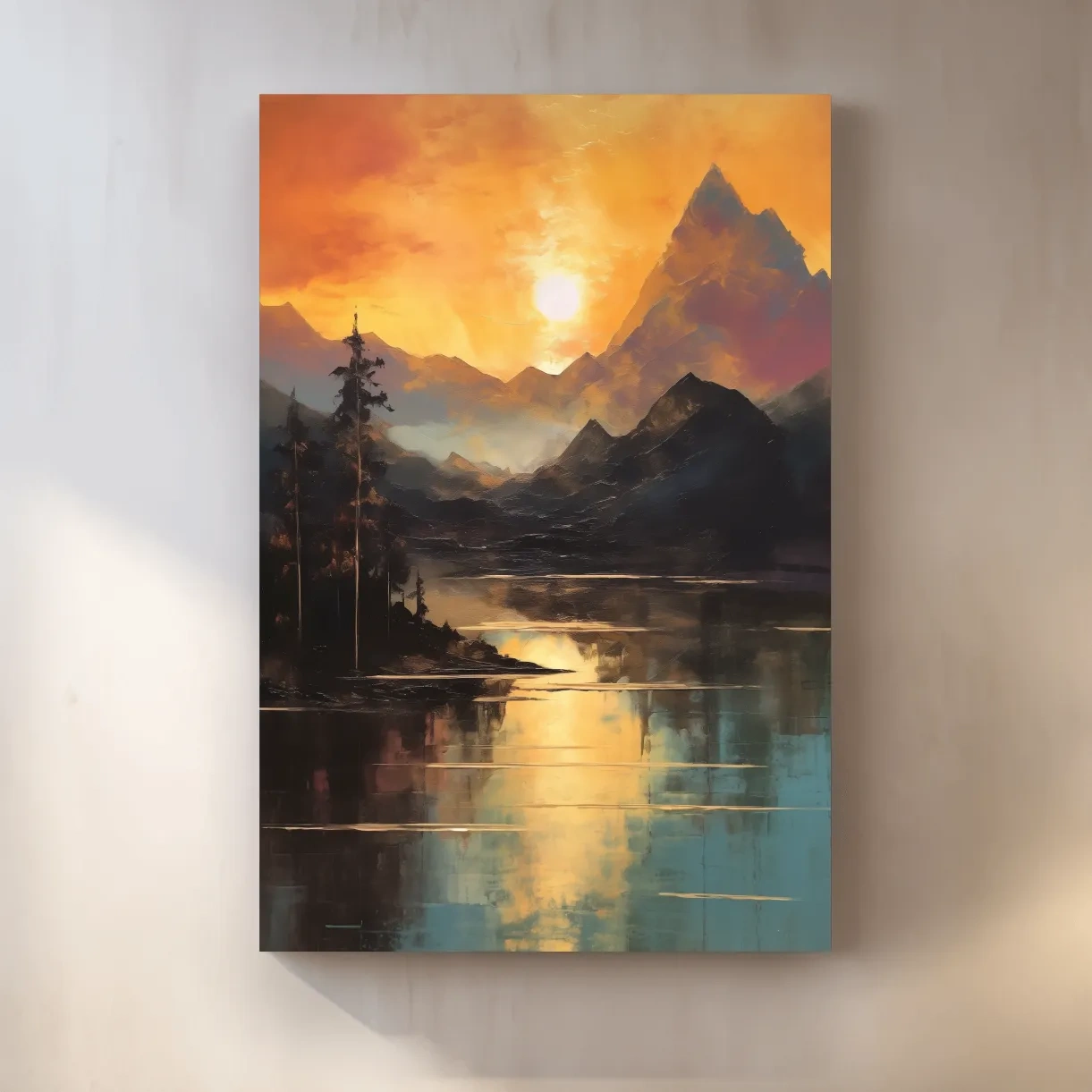Sunrise mountain lake artwork, oil painting print wall art