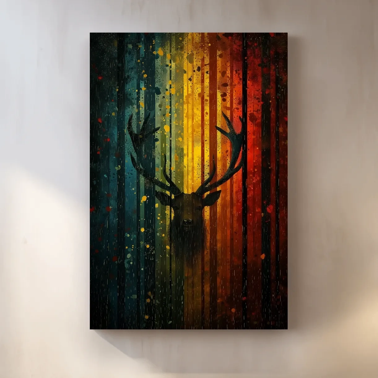 Abstract deer in a forest silhouette artwork, rainbow colours