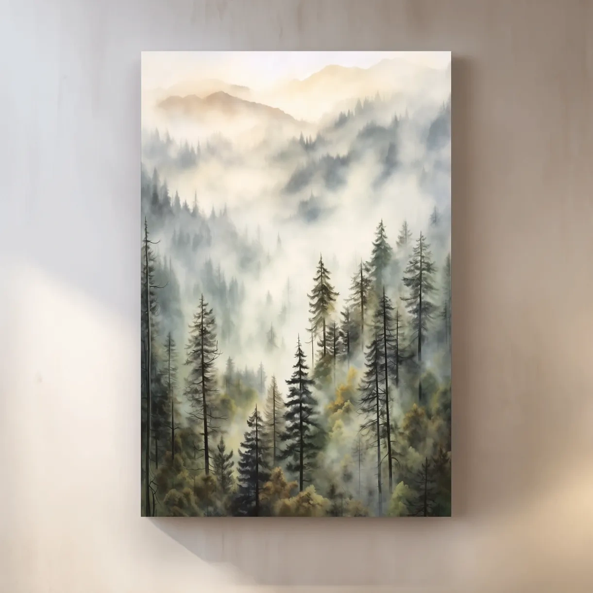 Painting of fog rolling through mountains and trees