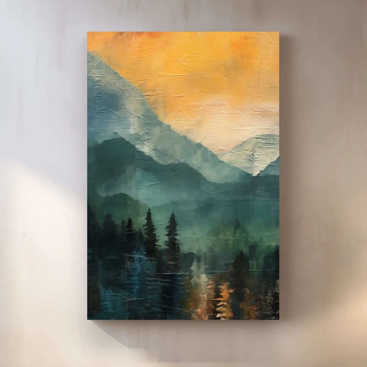 Rustic Misty Mountain Lake Reflection - Textured Watercolor Sunset Wall Art