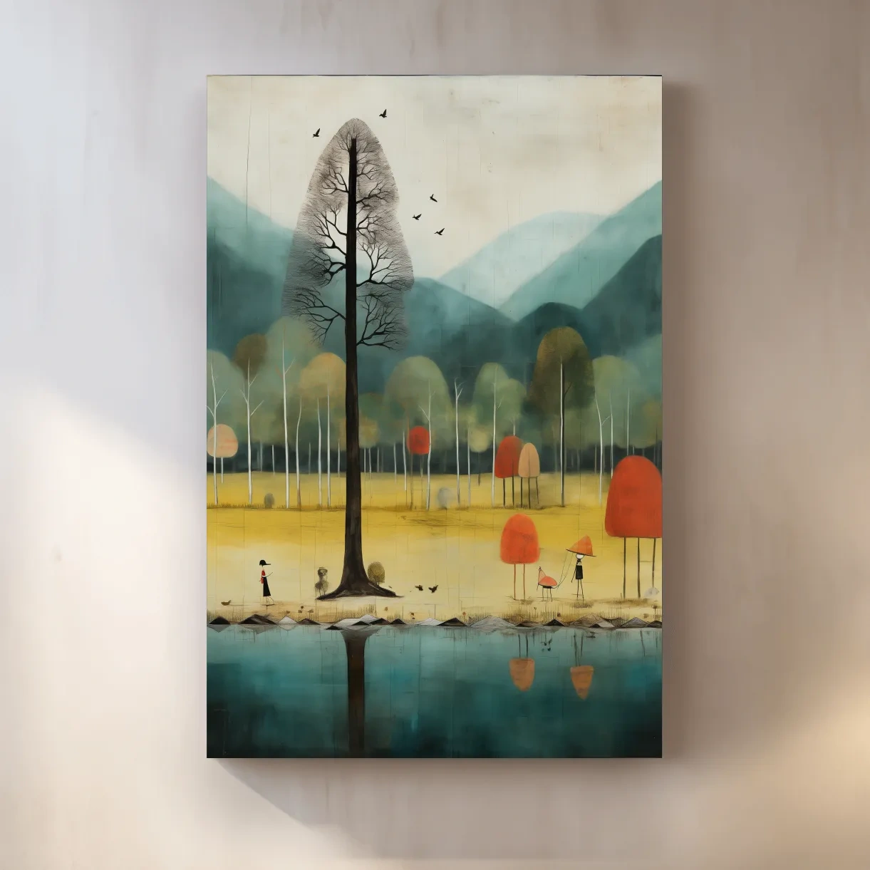 Quirky characters by a lake in fall, textured painting effect, whimsical autumn forest wall art print