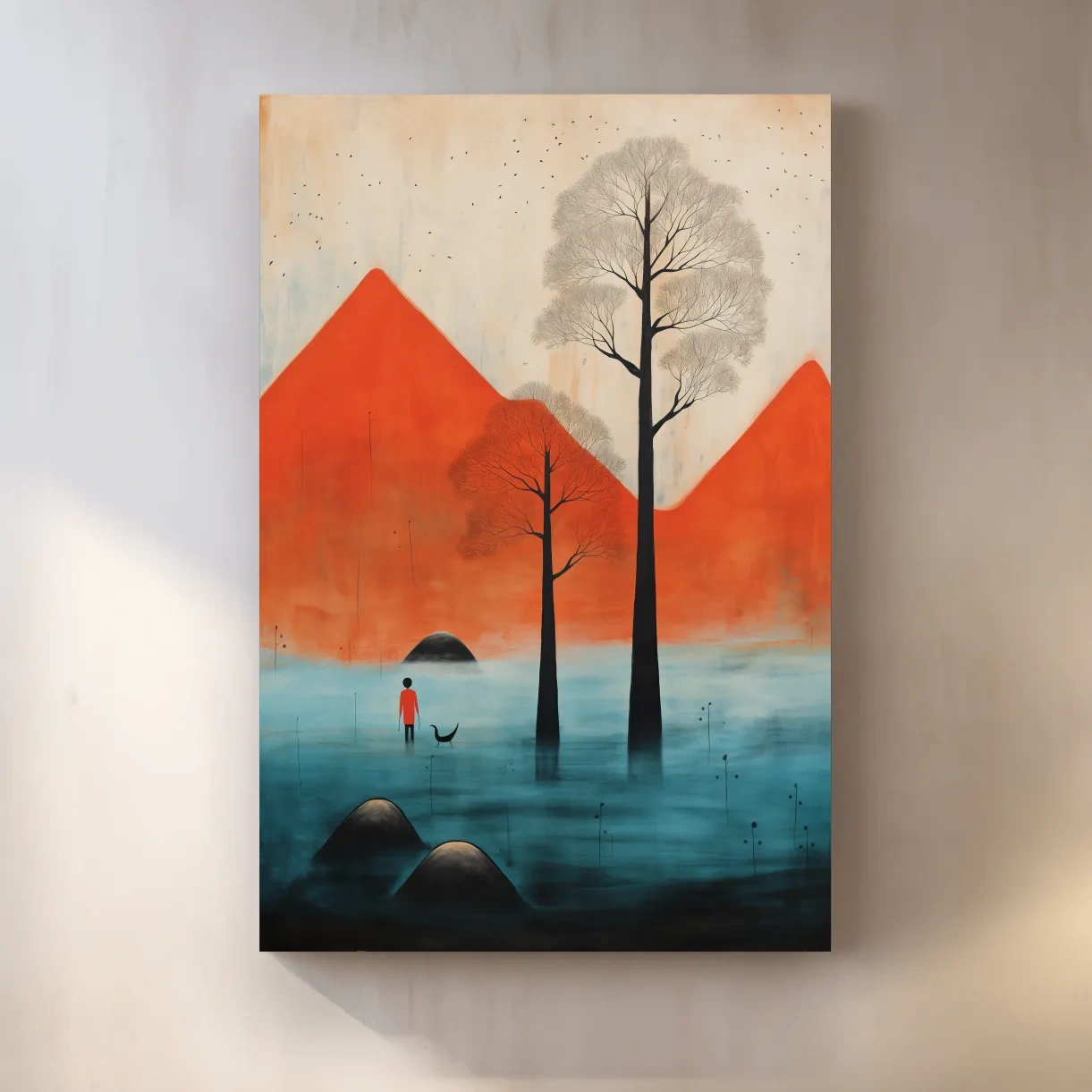 Surreal mountain artwork,rustic textured painting effect, dreamlike landscape wall art